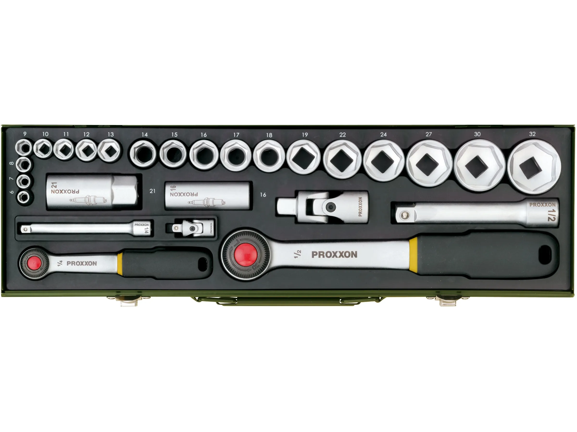 COFFRET DE DOUILLES AUTO AVEC CLIQUET 1/4&Prime; ET 1/2&Prime;, 27 PIÈCES