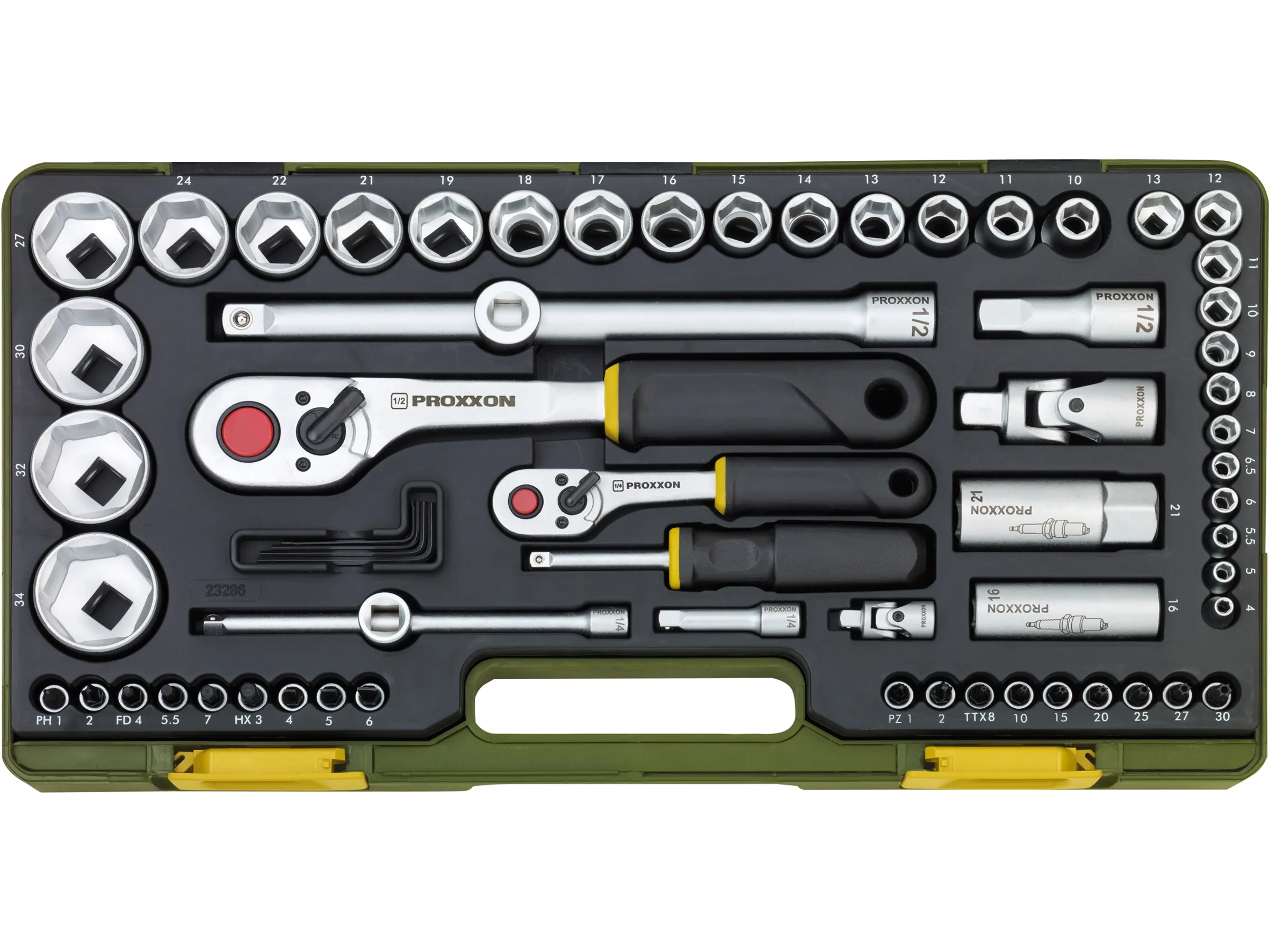 COFFRET COMPLET AVEC CLIQUETS 1/4&Prime; ET 1/2&Prime;, 65 PIÈCES