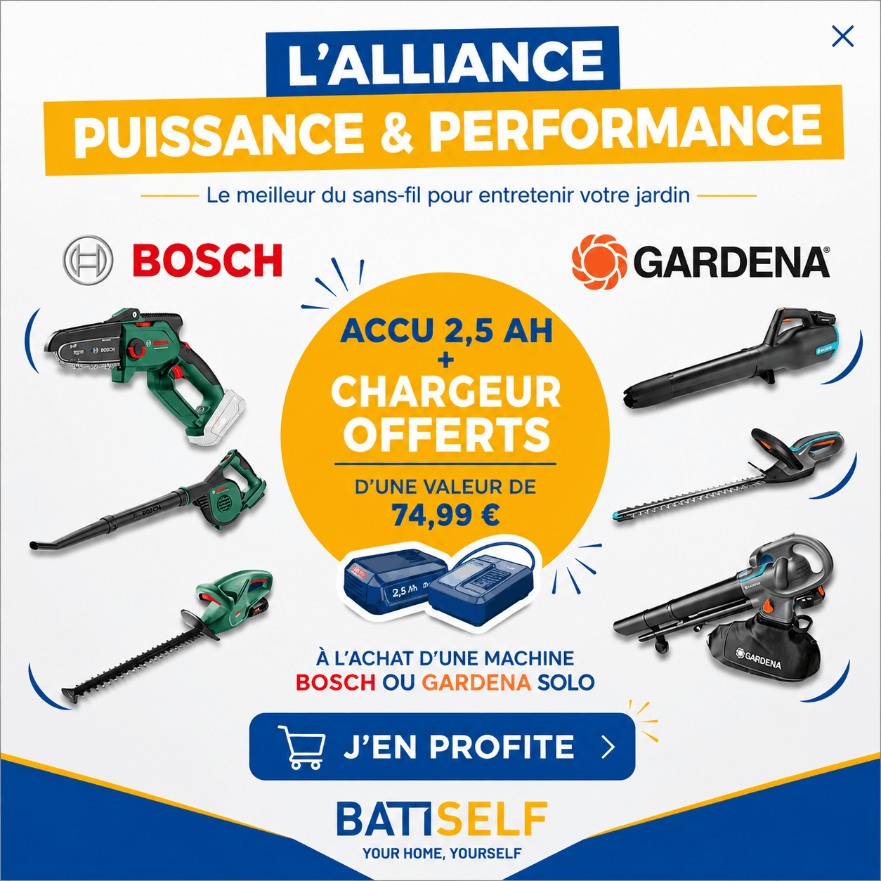 Offre Bosch et Gardena : accu 2,5 Ah et chargeur offerts, d’une valeur de 74,99 €, à l’achat d’une machine solo.