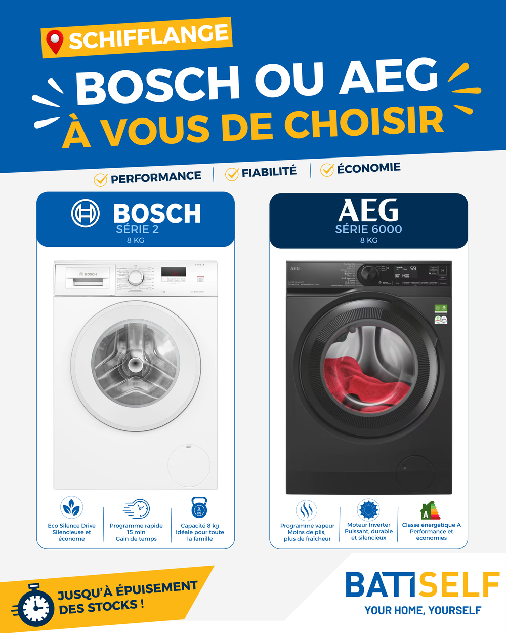 Magasin de Schifflange : lave-linge Bosch Série 2 8 kg ou AEG 8 kg, à vous de choisir. Jusqu’à épuisement des stocks.