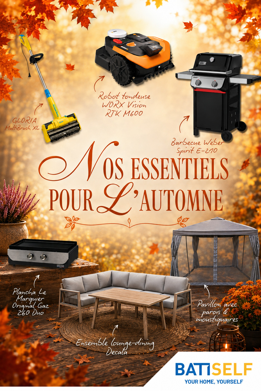 Nos essentiels pour l’automne : robot tondeuse WORX Vision RTK M600, barbecue Weber Spirit E-210, brosse GLORIA MultiBrush XL, plancha Le Marquier Original Gaz 260 Duo, ensemble lounge-dining Decala, pavillon avec parois et moustiquaires.